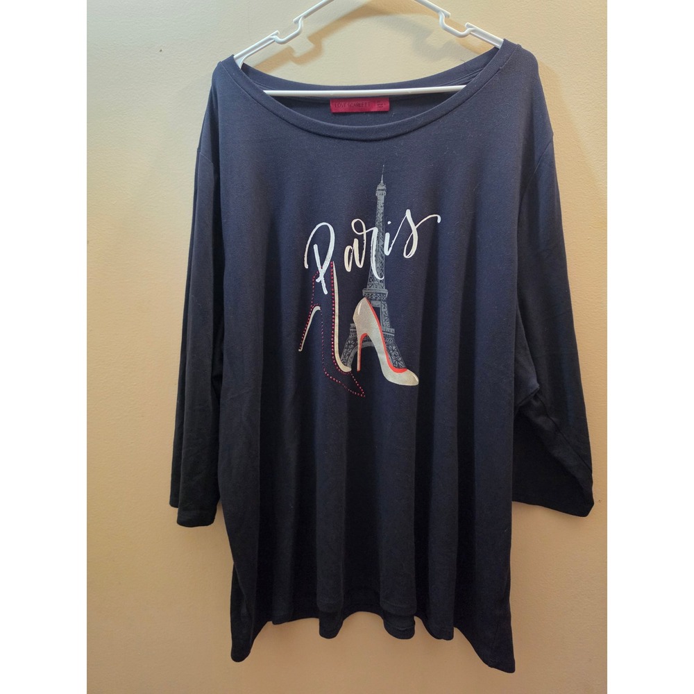 Love Scarlett Paris Eiffel Tower Graphic Top‎ Navy Blue 3X 3/4 Sleeve Rhinestone